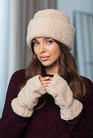 Комплект: шапка та мітенки з екохутра "Теді" Люкс, колір бежевий