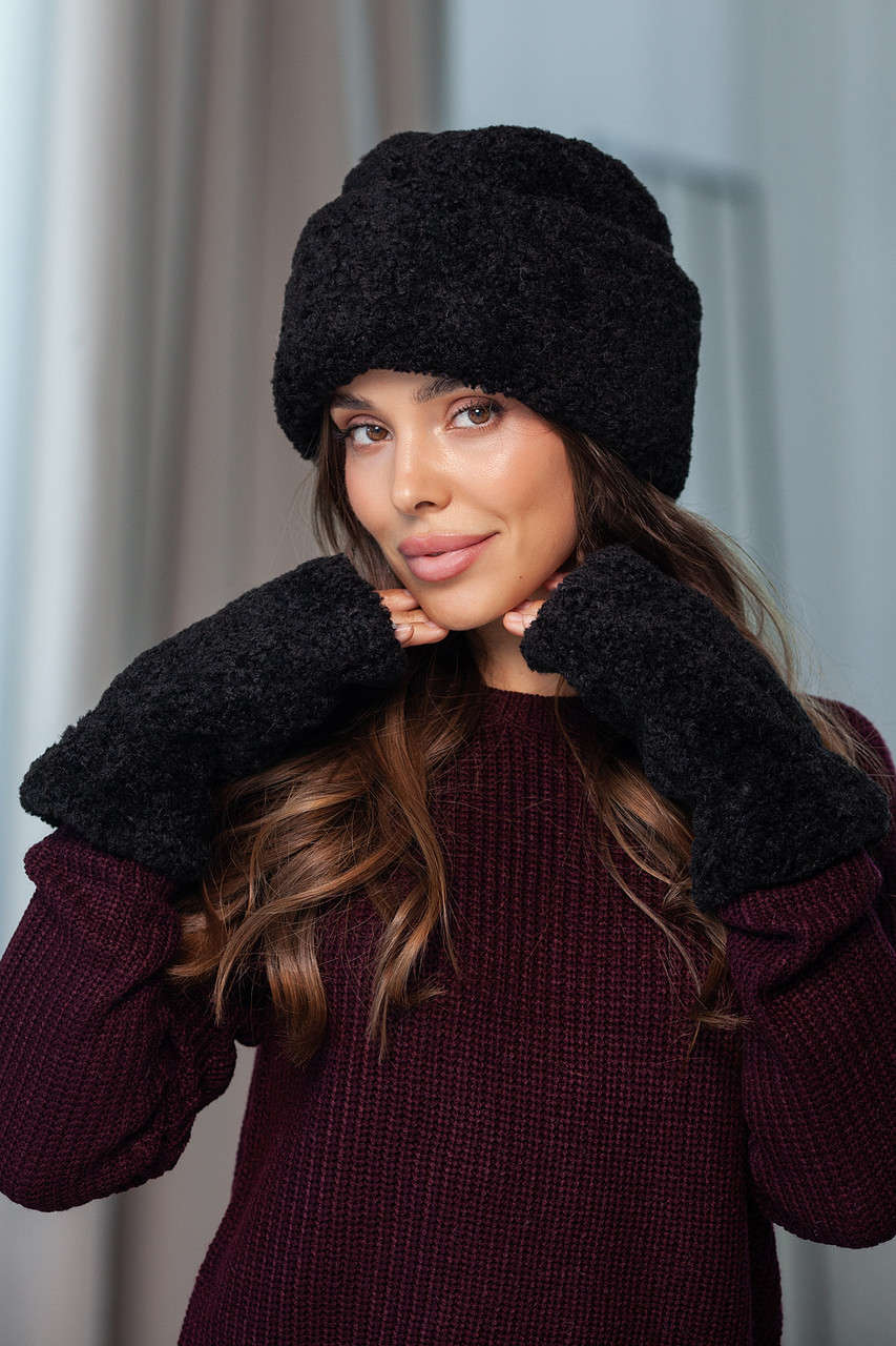Комплект: шапка та мітенки з екохутра "Теді" Люкс, колір чорний