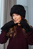 Комплект: шапка та мітенки з екохутра "Теді" Люкс, колір чорний