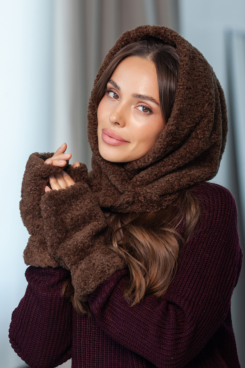 Комплект: капор і мітенки з екохутра "Тедді" Люкс, колір шоколадний