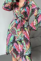 Стильний модний домашній одяг сучасний кімоно з атласним принтом та краваткою на талії з візерунком листя