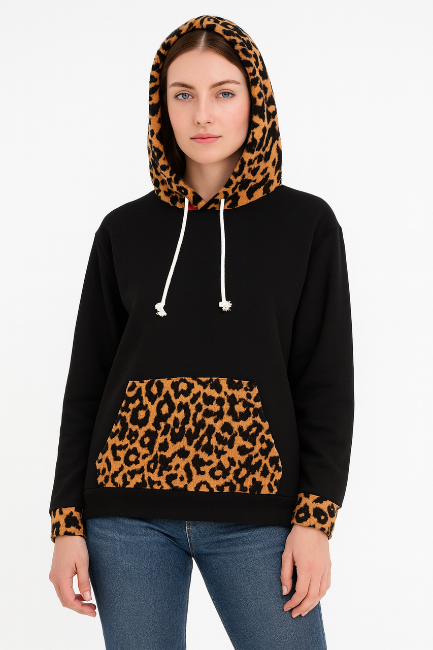 Худі жіноче чорне з леопардовим принтом, фото 1