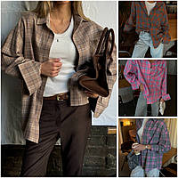 Рубашка женская в клетку фланель розовый оранж желтый голубой серый беж размер универсальный с-л