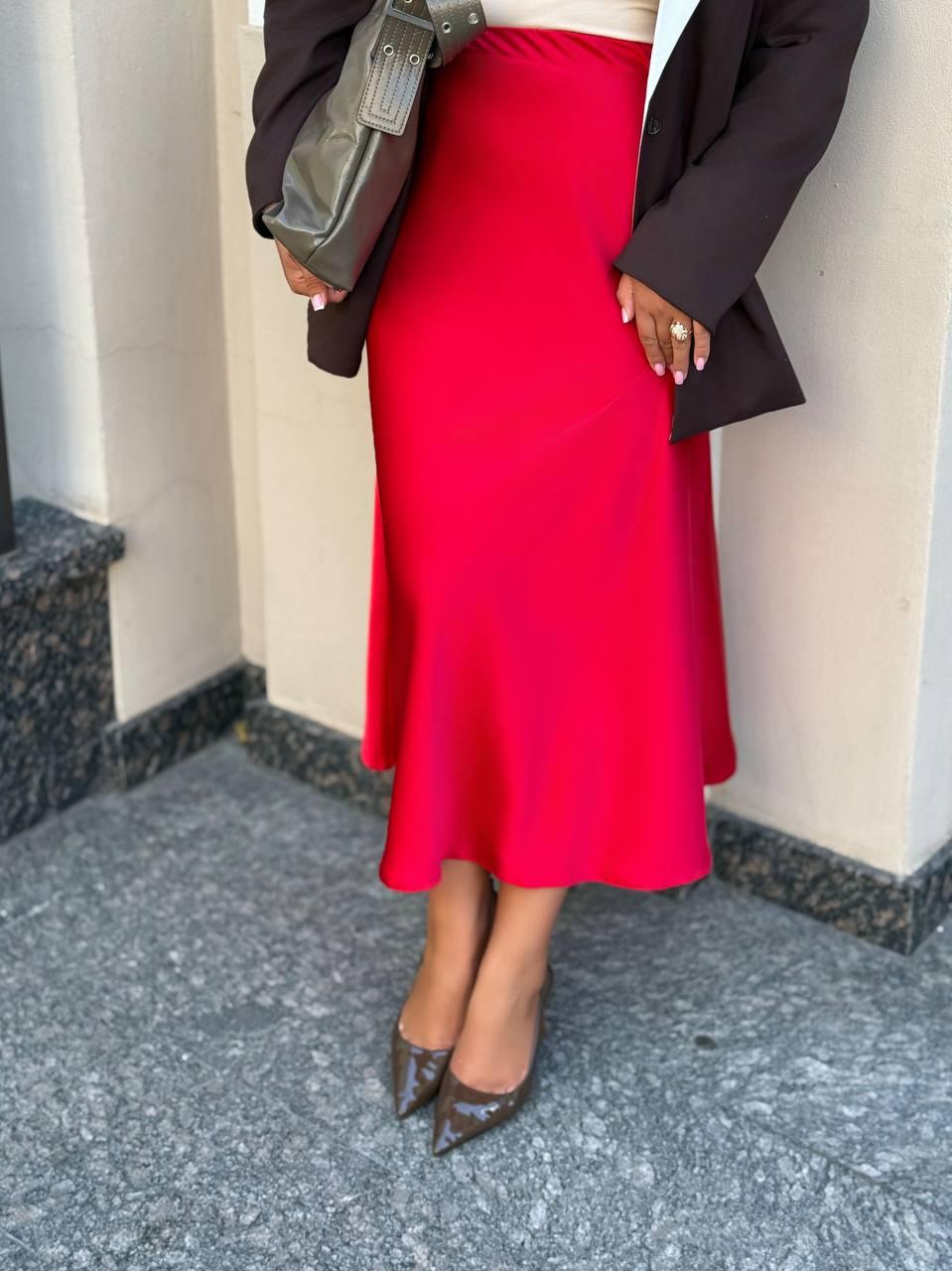 Жіноча спідниця атласна міді великого розміру plussize 48-62 з резинкою на талії, фото 1