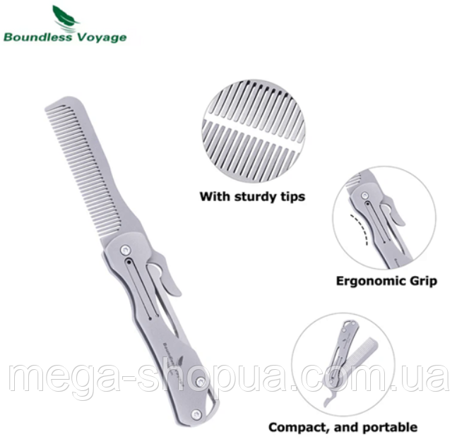Титанова складна кишенькова гребінець для бороди, вусів та волосся, чоловіча, Titanium, компактна та міцна BV-300