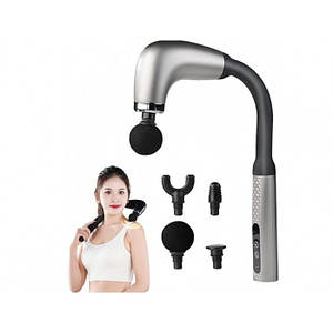 Масажер Акумуляторний U-подібний для тіла м'язовий портативний ручний 4 насадки Fascial Gun R01 Сірий