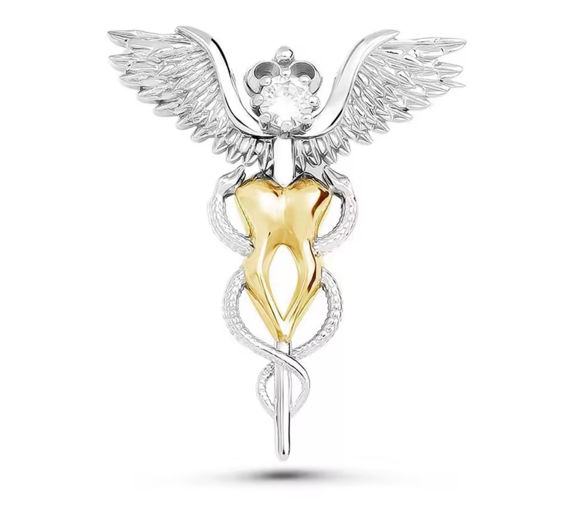 Оригінальна тематична брошка Зуб з крилами, пін для лікаря-стоматолога (сріблястий), фото 1