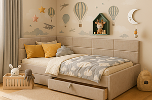 Кутове м'яке дитяче ліжко 80х200 бежеве велюр з шухлядами для хлопчика дівчинки Камелот Мікс Меблі