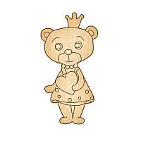 Дерев'яна заготівля брошки "ведмедик-1" принцеса з сердечком для розфарбовування, з шпилькою