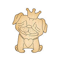 Заготівля для брошки з дерева "закохана собачка" мопс в короні, для розфарбовування з шпилькою