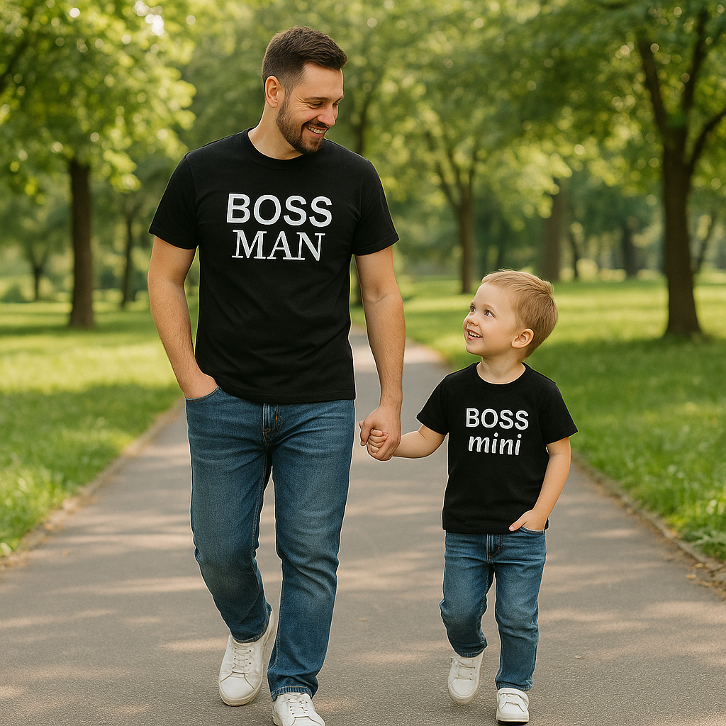 Футболки парні Фемелі Лук Family Look для тата та сина з написами "Boss man. Boss mini" Чорний Push IT, фото 1