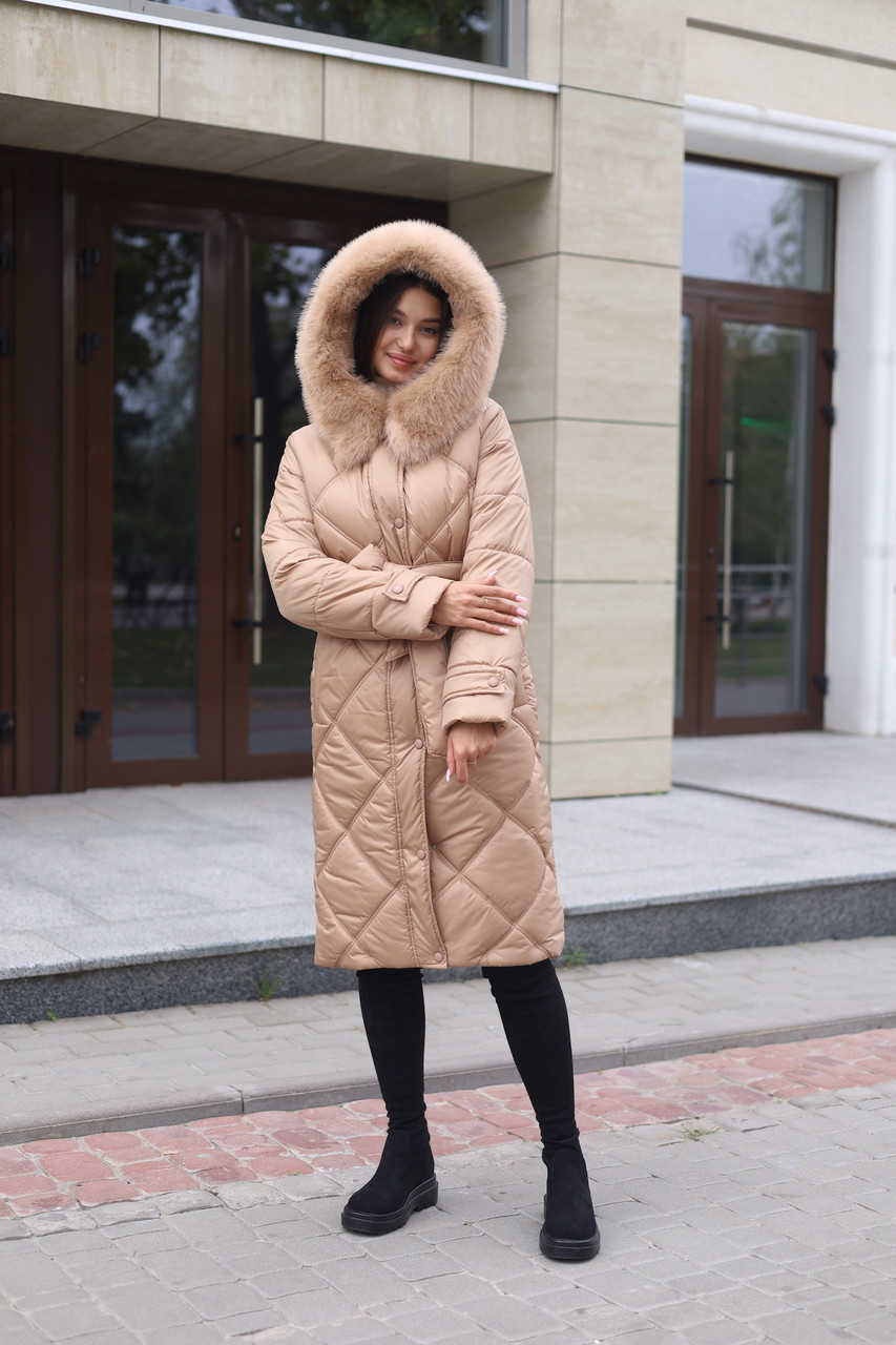 Якісне тепле зимове жіноче пальто з плащової тканини з опушкою,  жіноче пальто з хутром, фото 1