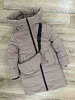 Дитяче зимове пальто-пуховик із сумочкою на дівчинку модель 11, темний беж 128