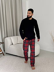 Піжама чоловіча ТРИКОТАЖ НА ПІДЧОСІ штани клітинка+лонгслів ЧЕВРОНО-СИНІЙ KMW20 KMW07/1
