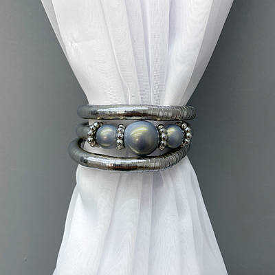 Декоративний браслет-підхват для штор та гардин, колір сріблястий з блакитно-сірим 82-044