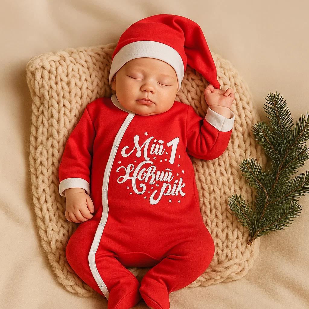 Новорічний чоловічок для новонародженого з шапочкою зріст 56 - 62 см (0 - 3 місяці) BST Червоний з білим, фото 1