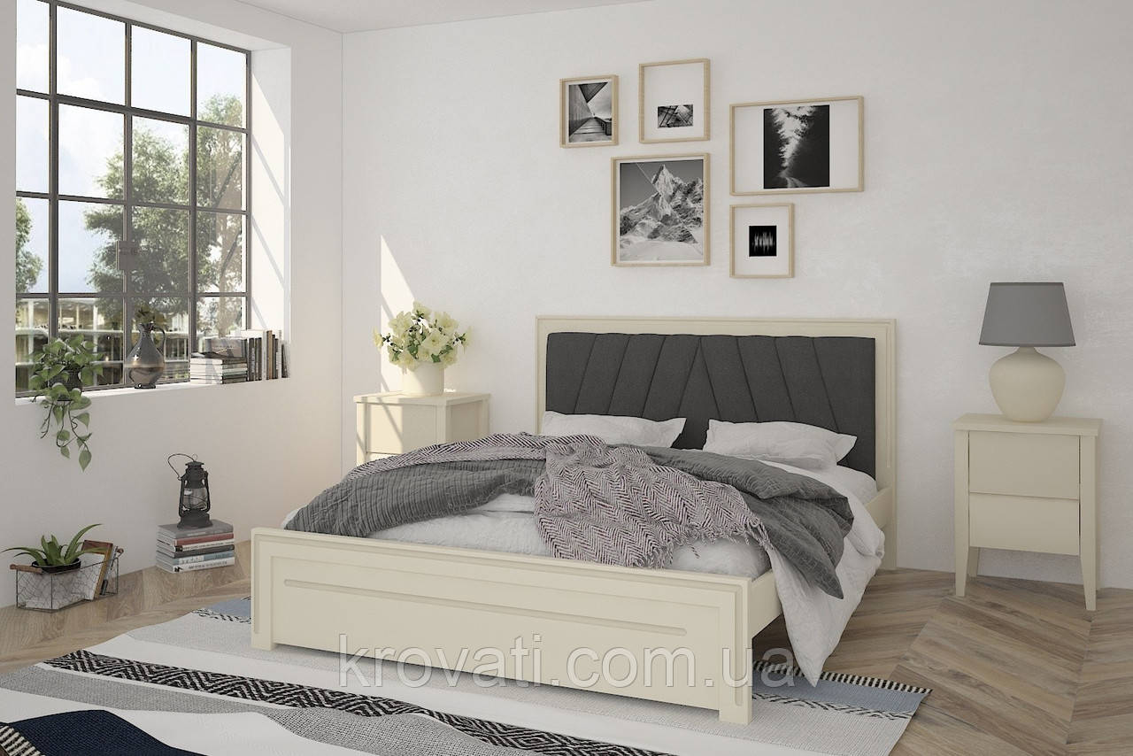 Ліжко з м'яким узголів'ям із Сосни + ортопедичний вклад Торонто Т2 160x200 см Mebigrand Айворі