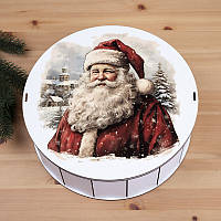 Дерев'яна кругла коробка "Санта Клаус" білого кольору 27 см (1 шт.)