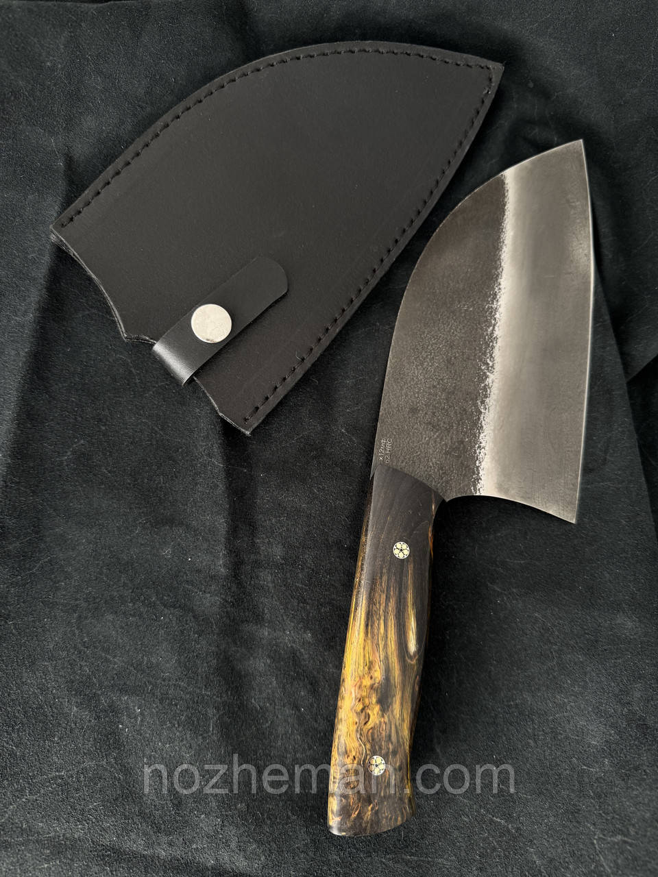 Сербський ніж ручної роботи, сокира сікач зі сталі х12мф/62 HRC з шкіряним чохлом в комплекті, фото 1