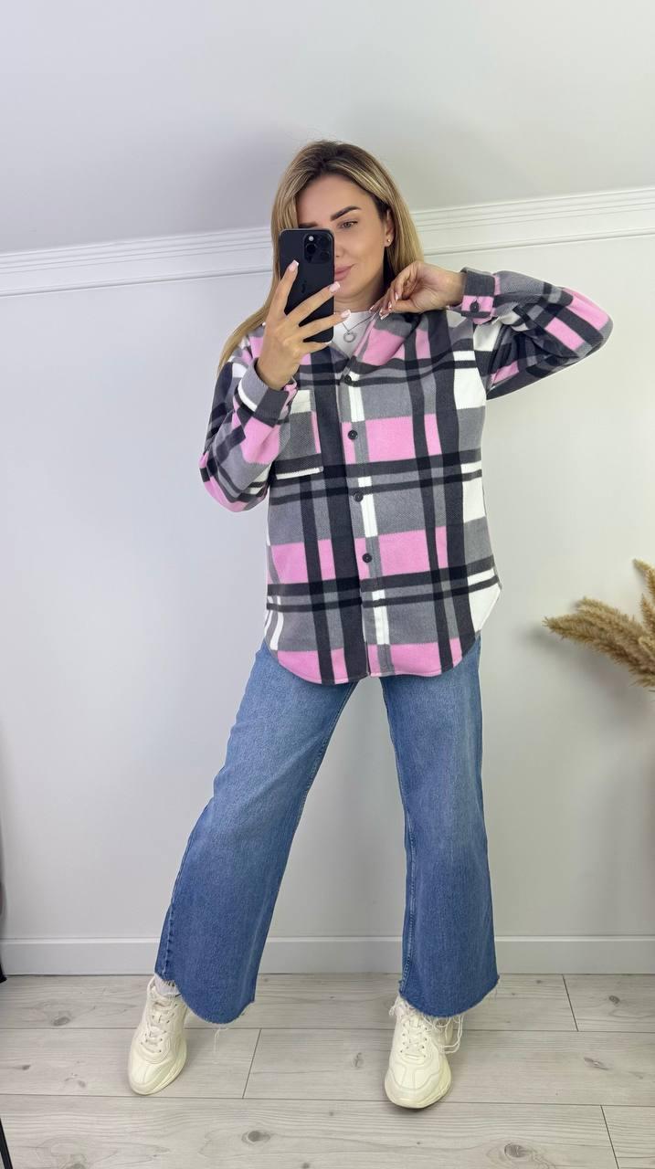 Тепла сіро-рожева жіноча сорочка в карту з турецького флісу, фото 1