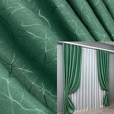 Комплект штор (2шт. 1,5х2,7м.) льон рогожка, колекція "Саванна". Колір темно-зелений. Код 633ш 30-394