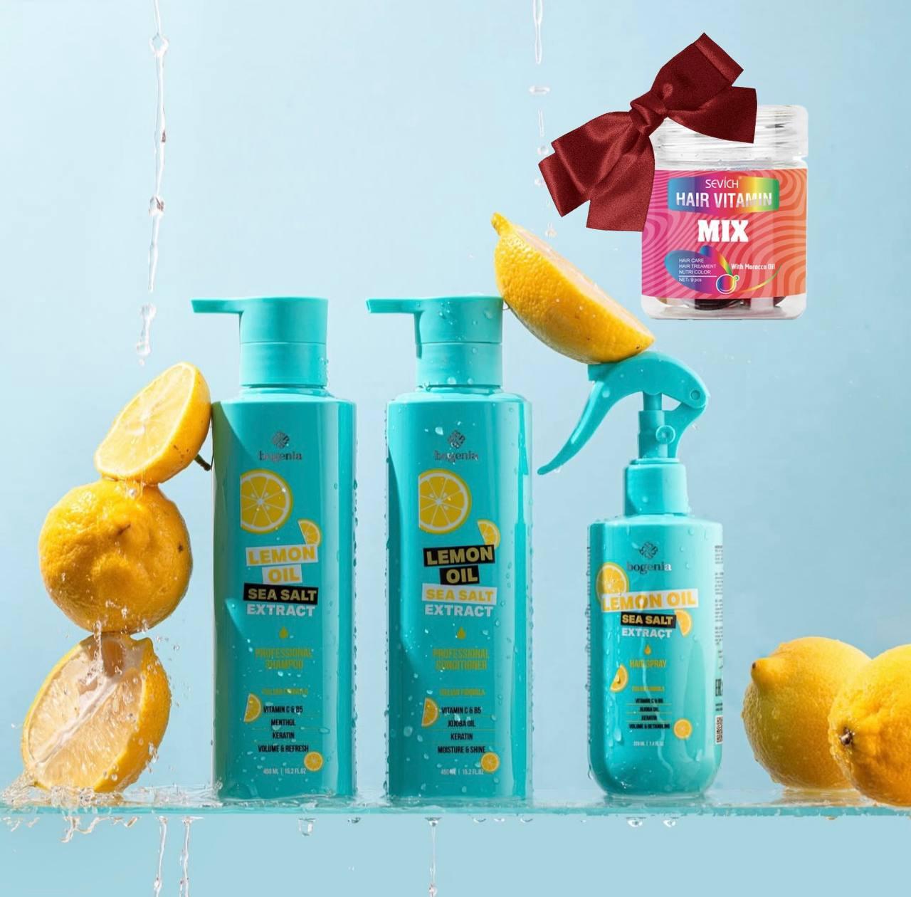 Набір для волосся (3в1)  Lemon Oil & Sea Salt Bogenia + в подарунок капсули для волосся (mini mix з 9 капсул), фото 1