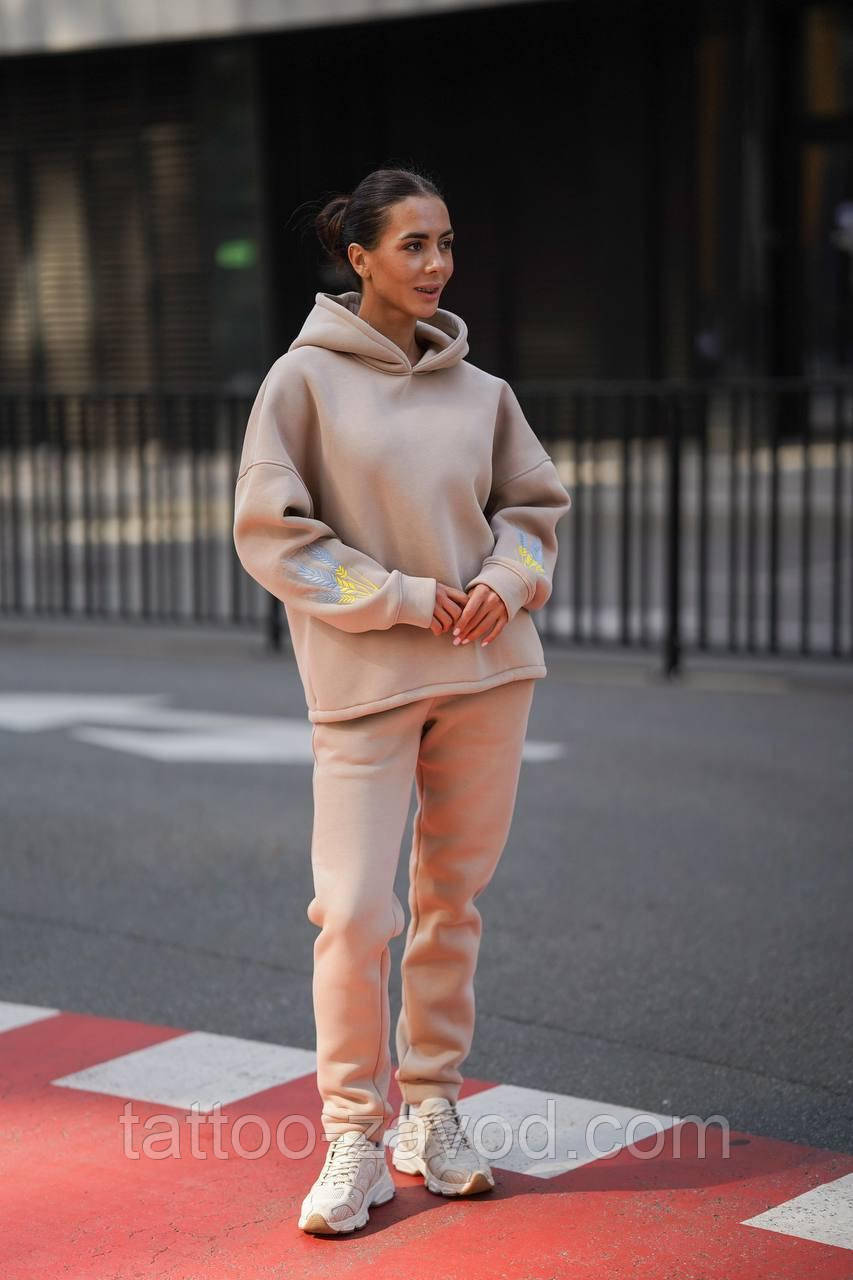 Теплий костюм жіночий худі з вишивкою на рукавах із капюшоном і штани Турецький трикотаж пеньє на м'якому флісі, фото 1