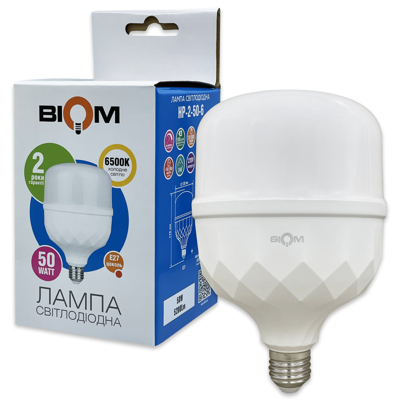 Світлодіодна LED лампа Biom 50W E27 6500К T120 HP-2-50-6