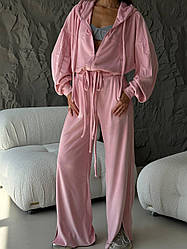 Жіночий велюровий костюм укорочене худі на блискавці у вільні штани Dld6174