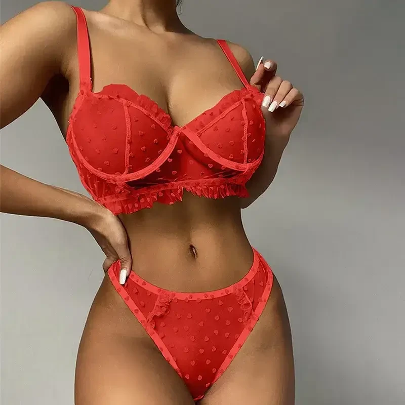Червоний жіночий сексуальний комплект білизни трусики та ліфчик з кісточками