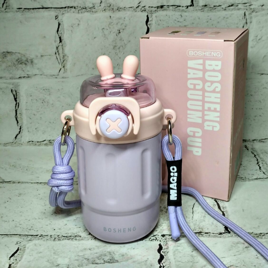 Термокухоль з трубочкою Зайчик термочашка для кави 14х7х6,5 см 300 мл Бузковий 1893-2