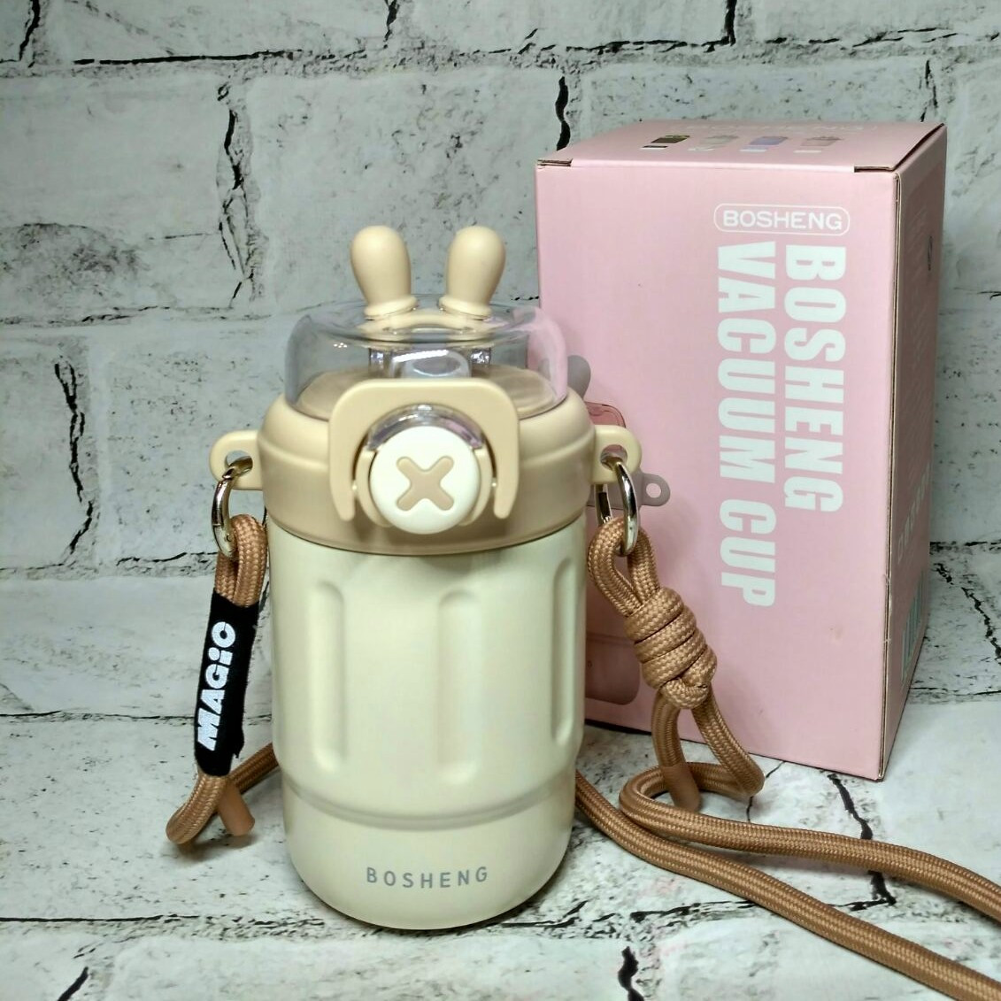 Термокухоль з трубочкою Зайчик термочашка для кави 14х7х6,5 см 300 мл Бежевий 1893-4