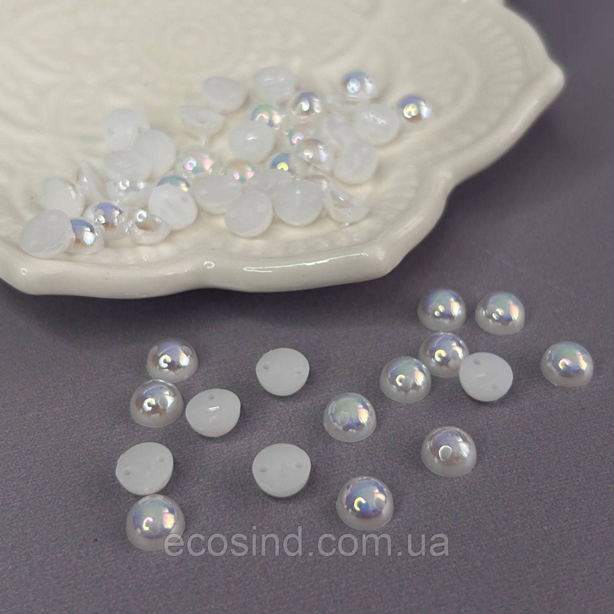 Напівнамистини пришивні 6 мм, 20 гр/уп колір - білий з АВ покриттям, фото 1