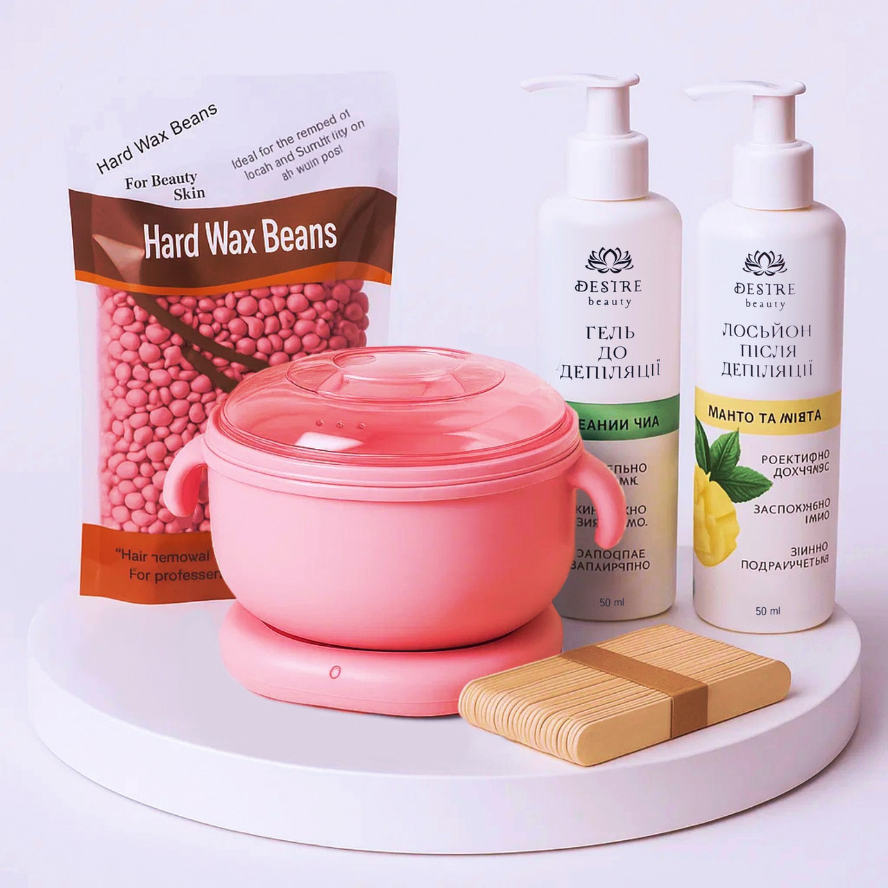 Набір для депіляції з силіконовим воскоплавом, 5 предметів, Рожевий, фото 1