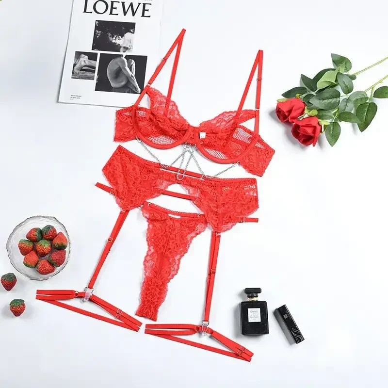 Мереживна жіноча білизна червоного кольору з поясом та підв'язками для панчох, фото 1