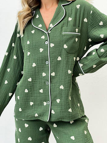 Піжама з мусліну M Зелена в білі серця, фото 1