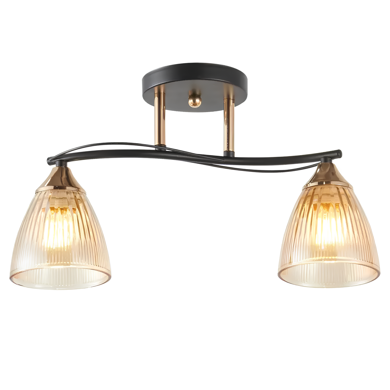 Люстра стельова з двома прозоро-бежевими плафонами під лампочки Е27 чорний/золото Interees 6377-2