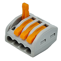 Клема швидкого монтажу Voltronic K222-414, універсальна, 4 контакта, 32A 250V, для проводів 0.08–2.5 мм², важільна