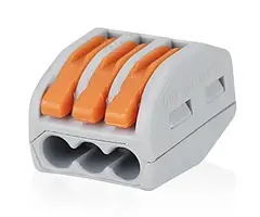 Клема швидкого монтажу Voltronic K222-413, універсальна, 3 контакти, 32A 250V, для проводів 0.08–2.5 мм², важільна