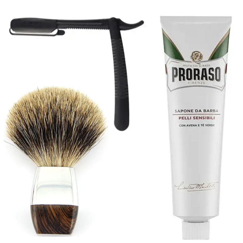 Одноразова небезпечна бритва Gillette Premium Platinum Blades + помазок борсук + крем для гоління Proraso для чутливої шкіри, фото 1