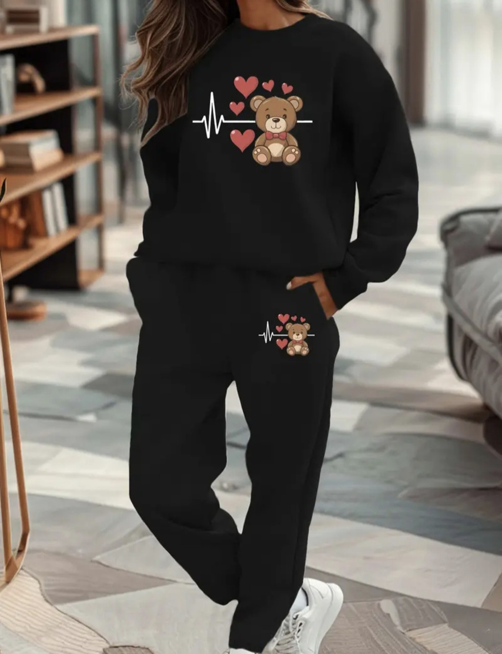 Теплий жіночий костюм з принтом "Ведмедик з сердечками", фото 1