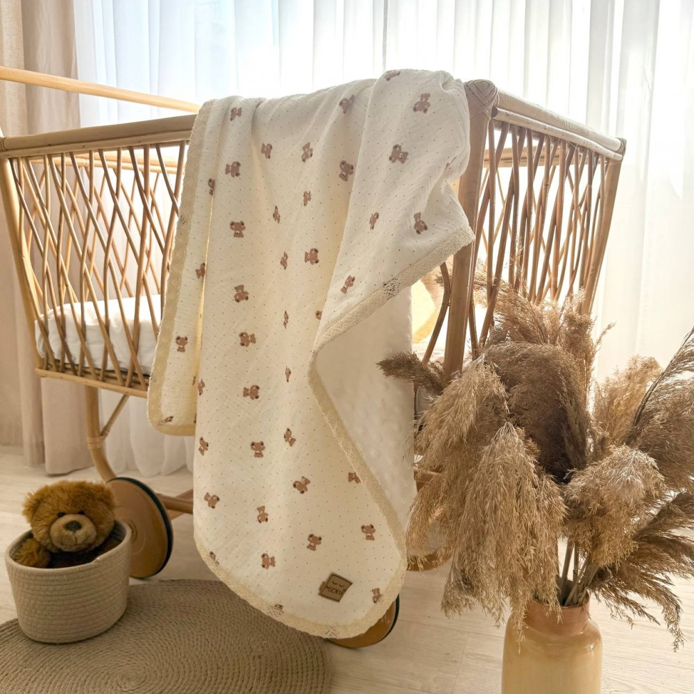 Плед муслін Wellsoft з мереживом Ведмедики і крапки