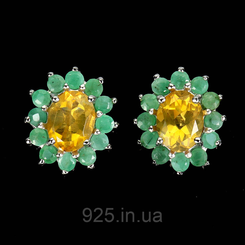 Сережки. Натуральний цитрин і смарагд. Срібло 925., фото 1
