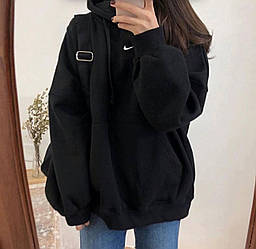 Чорна жіноча тепла об'ємна кофта худі оверсайз із тринитки на флісі з капюшоном осінь-зима