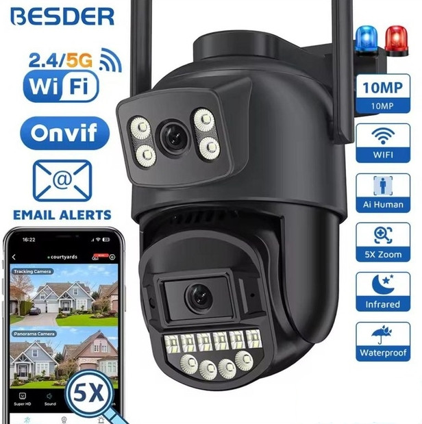 Камера відеоспостереження Reobiux 2.5K, Wi-Fi, подвійний об'єктив, поворотна, нічне бачення, IP66