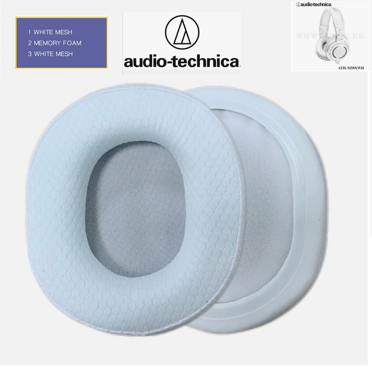 Амбушури Audio Technica ATH M50x ATH M40x ATH M20x MSR7 Матеріал Білі тканинні, фото 1