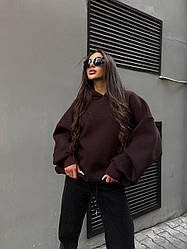 Стильне жіноче худі оверсайз з капюшоном з турецької тринитки ПІНЬЄ, об'ємні рукави, бічні кишені, кольори меланж та шоколад, розм