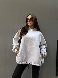 Стильне жіноче худі оверсайз з капюшоном з турецької тринитки ПІНЬЄ, об'ємні рукави, бічні кишені, кольори меланж та шоколад, розм