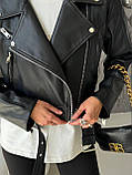 Жіноча укорочена шкіряна чорна куртка косуха, фото 6