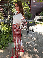 Сітка напівплахта на пояс , макраме з бахромою  "Шахматка" тепла палітра